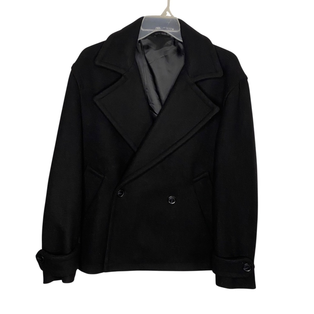 Zara Black Wool Blend Double Breasted Pea Coat Jacket Womens Small
